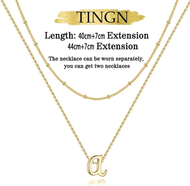 Detalle de Collier double TINGN en plaqué or 14 carats avec pendentif lettre A à Z, ras du cou réglable
