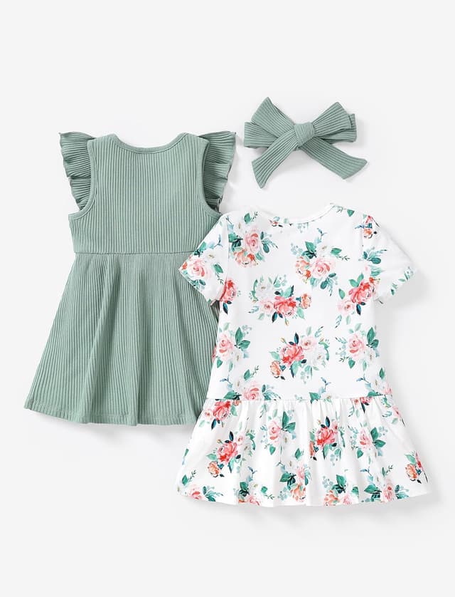 Detalle de PatPat lot de 2 robes d’été pour bébé fille (sans manches, volantées + imprimé floral) avec bandeau