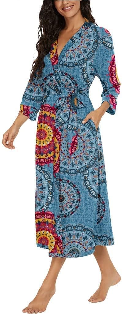 Detalle de PrinStory Damen-Bademantel mit 3/4-Ärmeln, V-Ausschnitt & Kimono-Schnitt (leichter Morgenmantel)