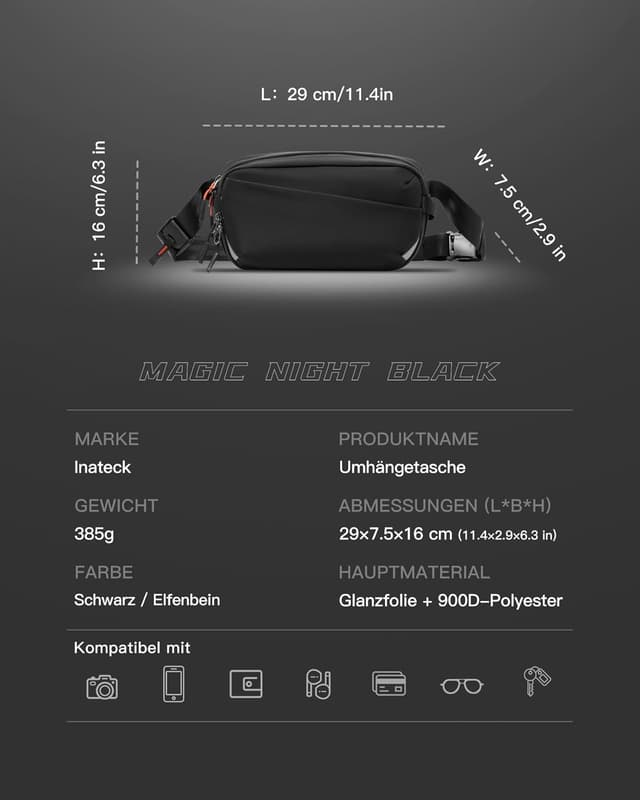 Detalle de Inateck Sling Bag X-Pro Umhängetasche 3 L