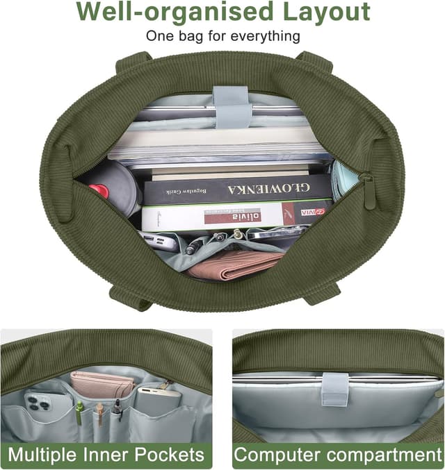 Detalle de oscaurt Corduroy Tote Bag with 13 Pockets (20-litre capacity) – organiser shoulder bag for work, school and travel