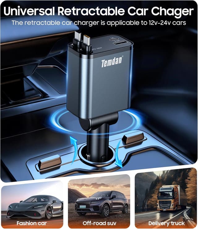 Detalle 2 de Temdan 69W Retractable Car Charger 4‑Port