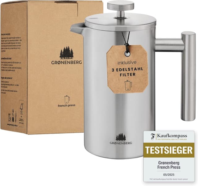 Detalle de Groenenberg French Press Thermo mit Warmhalte-Funktion – Edelstahl-Kaffeebereiter in 3 Größen