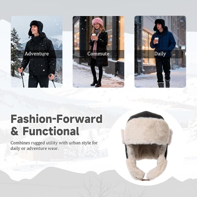 Detalle 2 de LY4U Winter Trapper Hat with Thick Faux Fur Ear Flaps & Adjustable Chin Strap (Unisex Ushanka/Pilot Style)