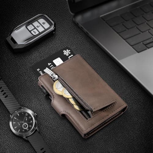 Detalle de TENBST Cartera Tarjetero RFID con bloqueo, billetera pop-up automática de cuero (marrón) para 8 tarjetas