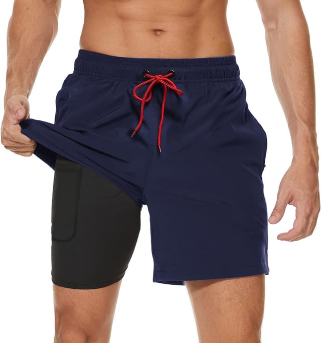 Detalle de Arcweg Herren-Badehose mit Kompressions-Liner (2-in-1) – atmungsaktive Badeshorts mit Tunnelzug und Reißverschlusstaschen
