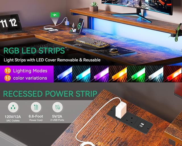 Detalle de ODK Corner Desk with Drawers (L-Shaped Gaming Desk) with LED Lights, Power Outlets and Reversible Layout