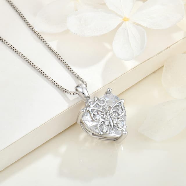 Detalle 2 de FJ Herz-Schmetterling-Kette mit 925 Sterling Silber und Geburtsstein – Anhänger-Schmuck für Damen