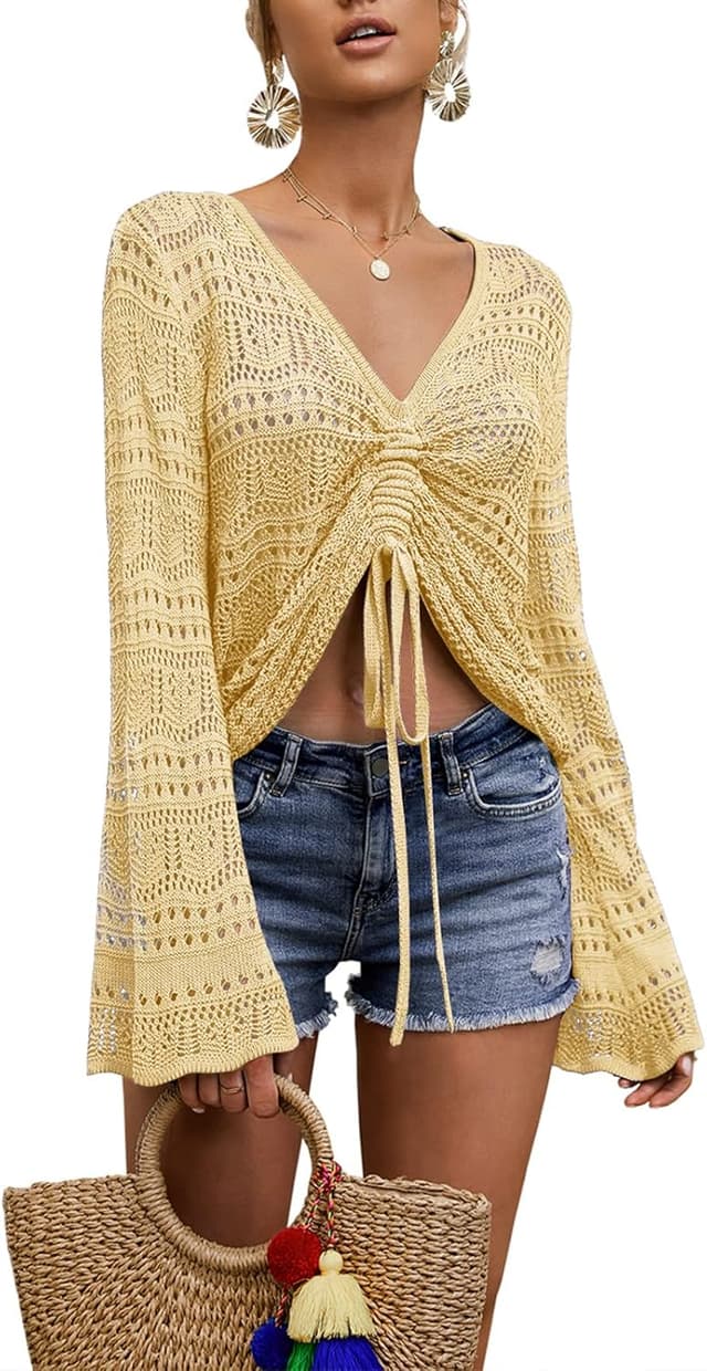 Detalle de Saodimallsu Women’s Boho Off-Shoulder Sheer Crochet Crop Top with Bell Sleeves