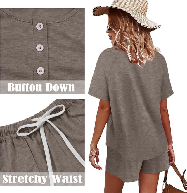 Detalle de WIHOLL Two-Piece Lounge Set for Women: Button-Down Top and Drawstring Shorts