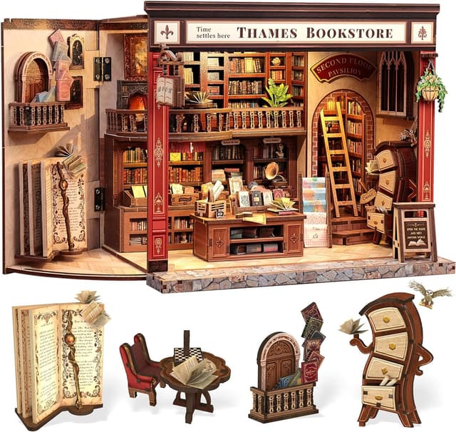 Detalle de CUTEBEE Book Nook Kit – Miniatur-Puppenhaus (Thames Bookstore) mit LED-Licht