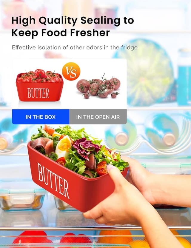 Detalle 2 de Large Butter Dish with Lid (Porcelain Butter Container with Knife Holds 2 Sticks) – Red