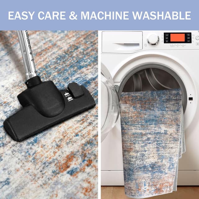 Detalle de IOHOUZE Abstract Runner Rug, 3x18 Ft Washable Non-Slip Kitchen Hallway Runner (Blue/Rust/White)