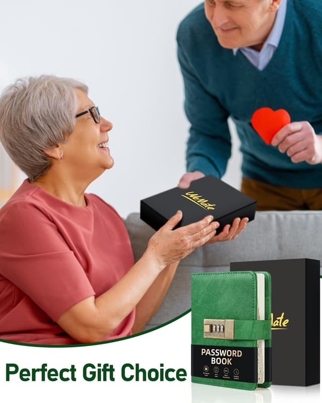 Detalle de WEMATE Passwortbuch mit Schloss (grünes Gras) – abschließbarer Passwort-Organizer mit alphabetischen Registern