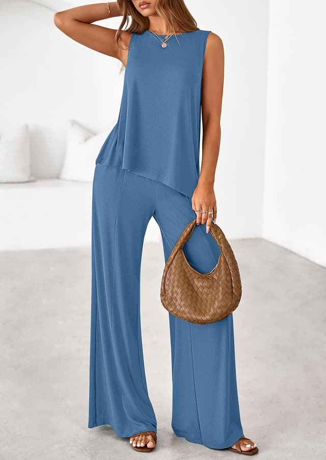 Detalle de PRETTYGARDEN Women’s 2026 Two-Piece Lounge Set with Asymmetrical Split Tank Top and Wide-Leg Pants