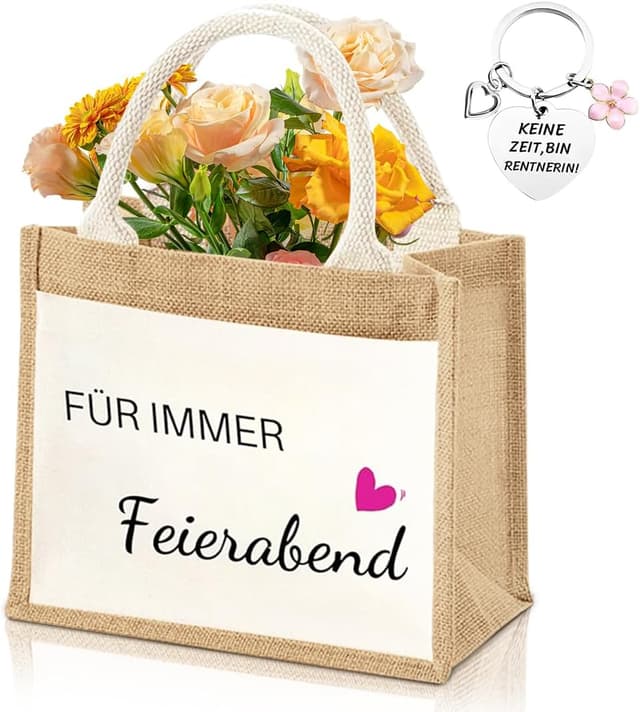 Detalle de Rentner Geschenk für Frauen: Jutetasche mit Schlüsselanhänger „Keine Zeit bin Rentnerin“