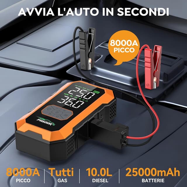 Detalle 2 de Avviatore Batteria Auto con Compressore 150 PSI, 8000A/25000 mAh e Torcia LED (arancione)
