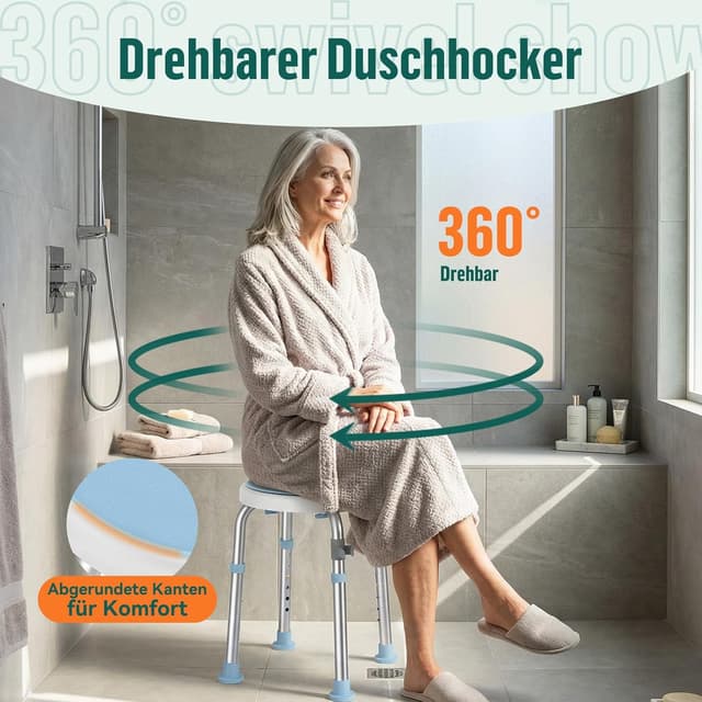 Detalle de Luckfaith LC01 360° drehbarer, höhenverstellbarer Duschstuhl aus Aluminium (rutschfester Duschhocker)