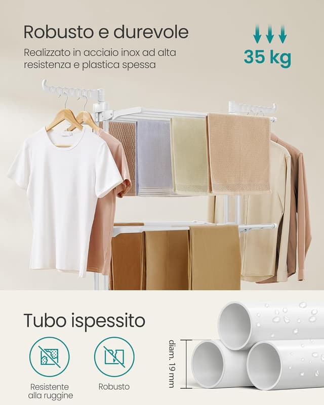 Detalle 2 de SONGMICS LLR701W03 stendibiancheria pieghevole a 4 livelli con ruote e ali richiudibili