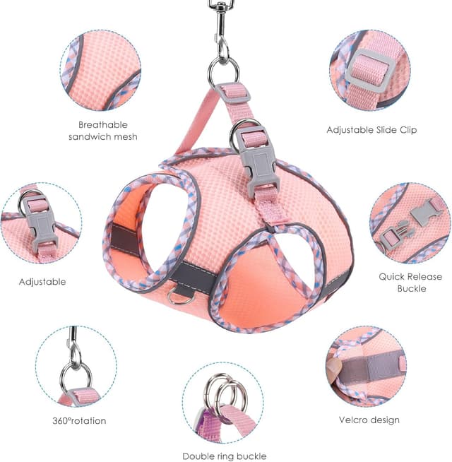 Detalle 2 de Brifit Cat Harness and Lead Set (Soft Mesh, Escape-Proof Vest) with Reflective Kitten Harness, Pink, XXS