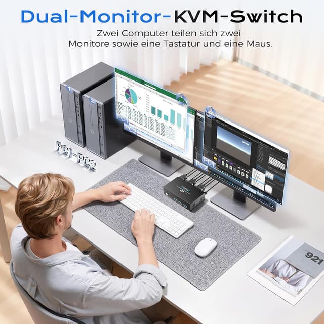 Detalle de HDMI KVM-Switch für 2 PCs, 2 Monitore, 8K@60 Hz & 4K@120Hz – mit 4 USB-Ports (USB 3.0, Fernbedienung)