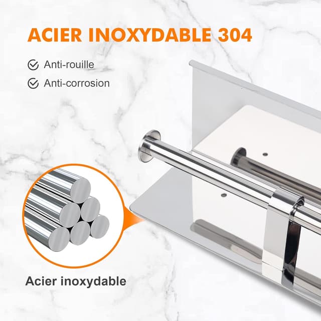 Thumbnail 4 de Ibergrif Porte-papier toilette double mural avec étagère en acier inoxydable (installation adhésive ou perçage) – Argent