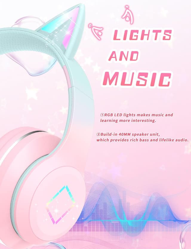 Detalle 2 de Cat Ear LED Kids Wireless Headphones 5.1