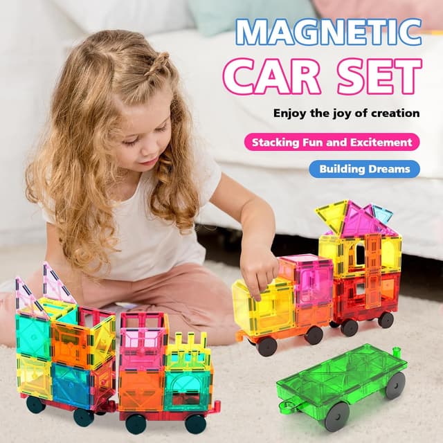 Detalle de Magnetic Tiles Cars Construction Set (4 PCS) — Magnetic Car Bases for Kids Ages 4–8