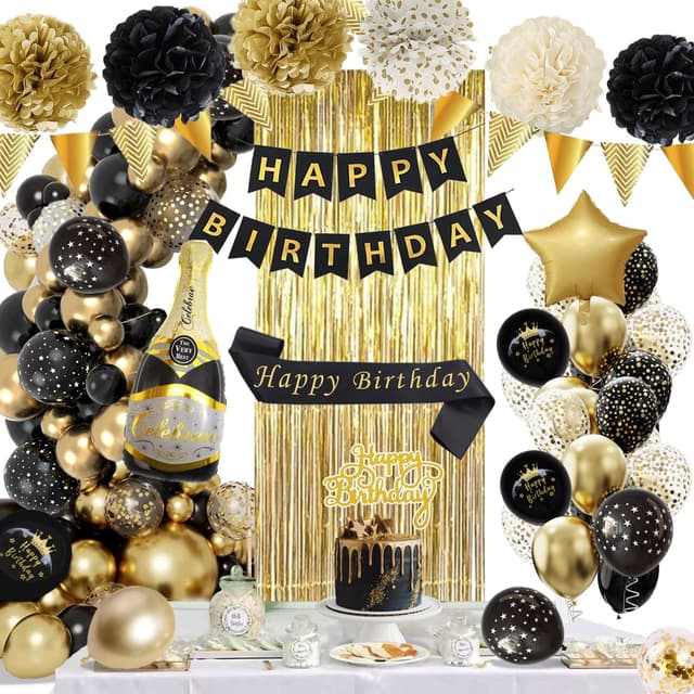 Detalle de Schwarz-Gold Geburtstagsdeko Party Set mit Happy Birthday Banner, Ballons, Pompons und Lametta