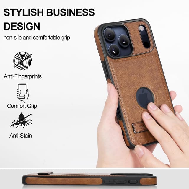 Detalle de KSELF Leather Case for iPhone 17 Pro Max (6.9") with Built-in Invisible Kickstand, Slim Protective PU Leather Case — Brown
