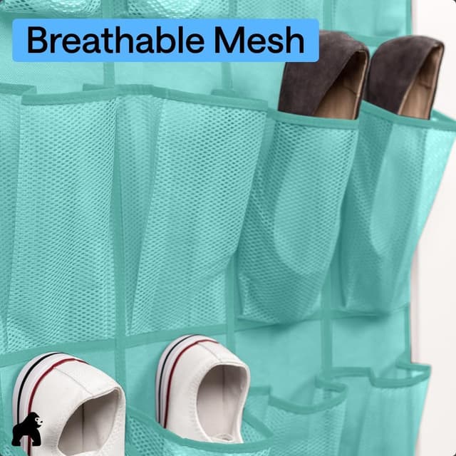 Detalle de Gorilla Grip Large Over-the-Door Shoe Organizer with Breathable Mesh (24 Pockets) — Up to 40 lb, Turquoise (1-Pack)