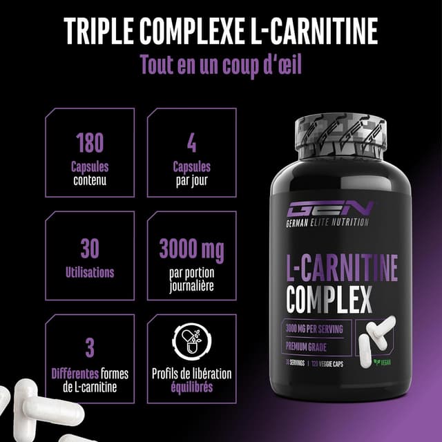 Detalle 2 de L-Carnitine Triple Complexe German Elite Nutrition (3000 mg par portion) – 120 gélules véganes