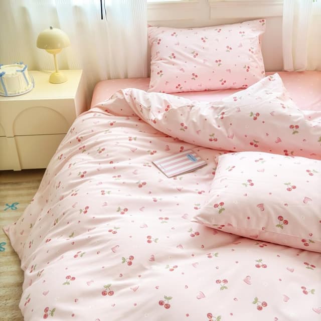 Detalle 2 de AShanlan Bettwäsche-Set aus Baumwolle 155x220 Rosa mit Kirschen & Herzen (mit Reißverschluss) – 1x Bettbezug + 1x Kissenbezug 80x80