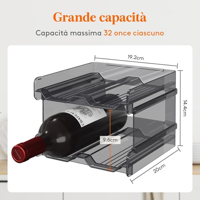 Detalle de Lifewit Portabottiglie impilabile in plastica per frigo e dispensa (set da 2) da 8 bottiglie, nero