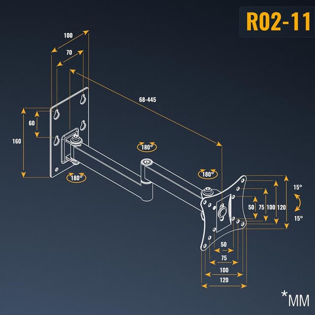 Detalle 2 de RICOO Supporto monitor a muro R02-11 girevole e inclinabile per schermi 13–29" con attacco VESA 100x100
