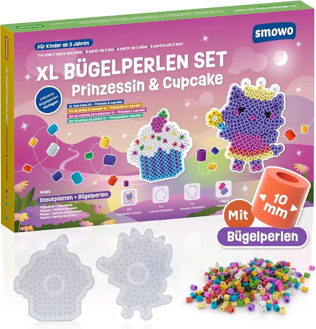 Detalle de Smowo 10mm Bügelperlen-Set mit Prinzessin & Cupcake Steckplatten (Kreativset für Kinder ab 3 Jahren)