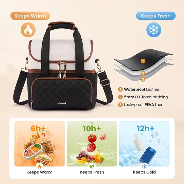Detalle de LOVEVOOK Large 15L Insulated Lunch Bag with Double Deck, Cup Holder & Leakproof PEVA Liner