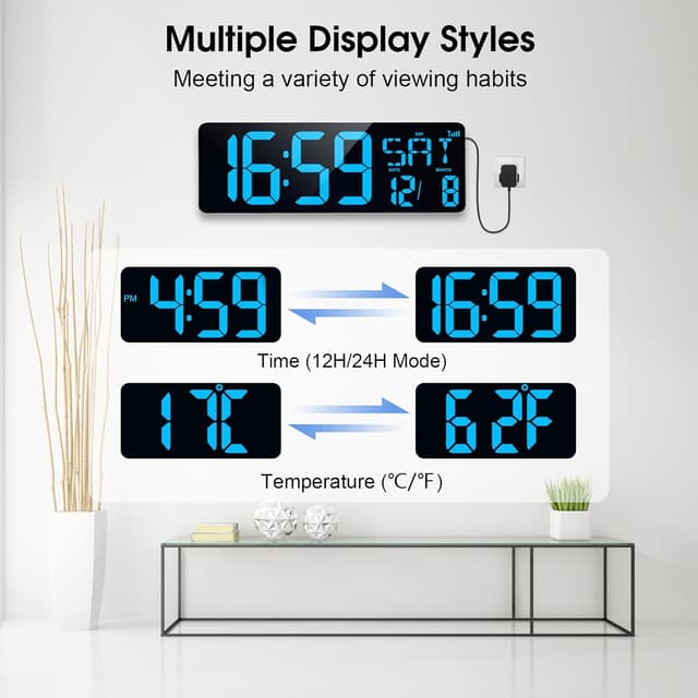 Detalle de XREXS 17 Inch Digital Wall Clock with Bluetooth auto-sync, auto-dimming and time/date/temperature display