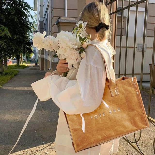 Detalle de KALIDI PVC Tote Bag with Kraft Paper Look, Top Handle Work Handbag