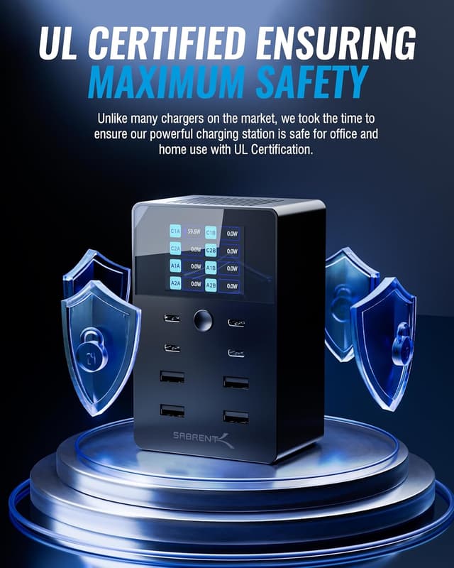 Detalle de SABRENT AX-8PTC station de charge rapide 252 W à 8 ports avec écran LCD