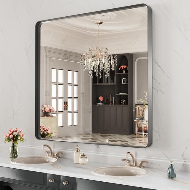 Detalle de LOAAO 28x32 Inch Black Metal Framed Bathroom Mirror (Matte Black, Anti-Rust)