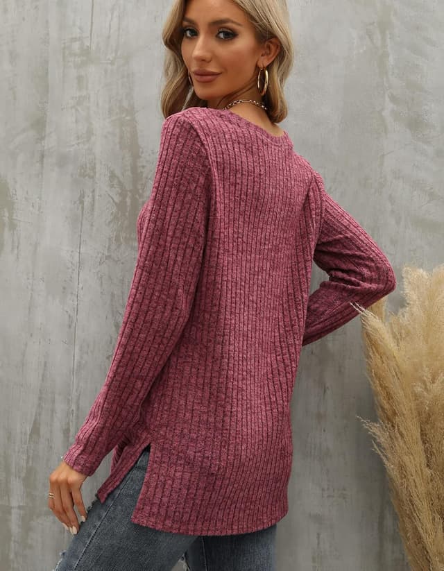Detalle de Odosalii Damen Pullover mit Rundhalsausschnitt und Langarm – gestreifter Strickpullover mit Seitenschlitz