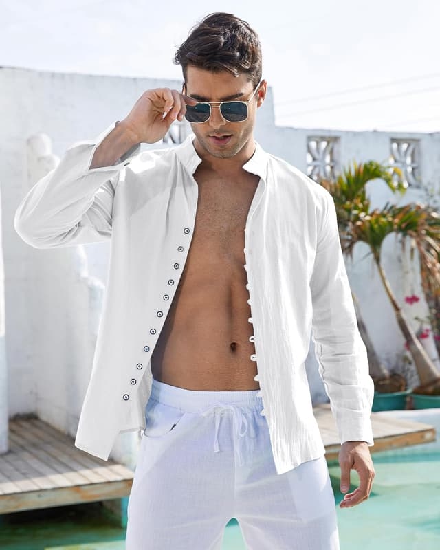 Detalle 2 de NANAMEEI chemise homme en lin et coton à manches longues, col mao boutonné