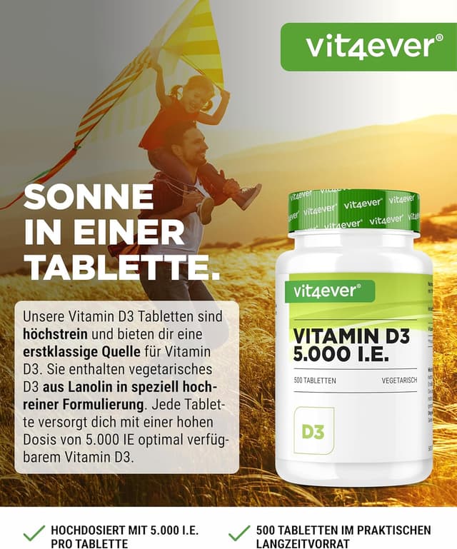Detalle 2 de Vit4ever Vitamin D3 5000 I.E. Depot – 500 Tabletten (5-Tages-Dosis, vegetarisch)