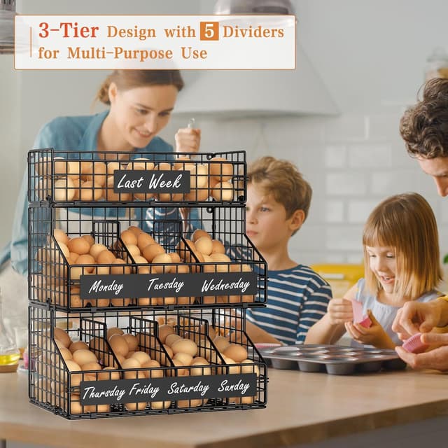 Detalle de keomaisyto 3-Tier Countertop Egg Holder with 5 Dividers, Stackable Wire Baskets & DIY Nameplate (Wall-Mounted)