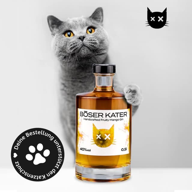Detalle de BÖSER KATER Fruity Mango Gin Geschenkset (0,5 l, 40% Vol.) mit 2 Gläsern