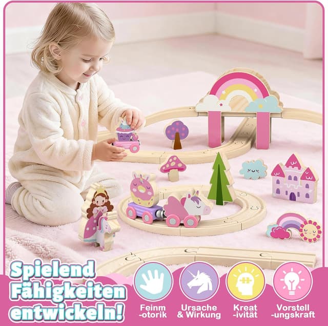 Detalle 2 de Lehoo Castle Holzeisenbahn für Mädchen – Einhorn-Feen-Holzeisenbahn, 38-teiliges Set ab 3 Jahren (rosa)