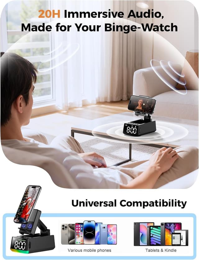 Detalle 2 de BBL Wireless HD Surround Sound Bluetooth Speaker with Foldable Stand, Adjustable Phone Holder and LCD Alarm Clock