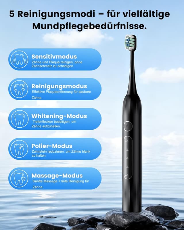 Detalle de Elektrische Schallzahnbürste 5‑Modi mit 8 Bürstenköpfen 🪥