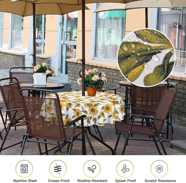 Detalle de Qucover Sunflower Outdoor Tablecloth (Round 150cm) with Parasol Hole & Zipper, Wipe-Clean Polyester